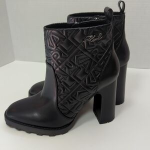 Karl Lagerfeld Quilted Ankle Boots Sz 8 Zip Closure Lug Sole Chunky Heel Black